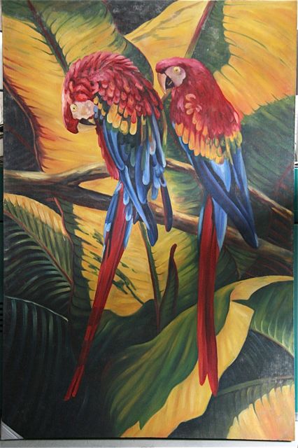 Schilderij Groenvleugel Ara's  ca. 175 x 80 cm.